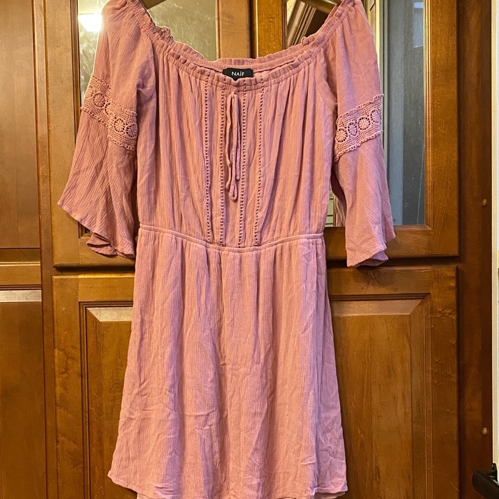 NAIF Soft Pink Large Knit Mini Dress with Tie Detail & Bell Sleeves Flowy Fall